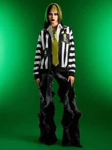 Beetlejuice X SHEIN 女士休闲时尚街头时尚深色卡通标语图案黑白条纹拉链连帽衫，春秋季 - 黑與白 - 查看 7