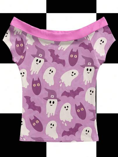 Maryam Alam Y2K Style Women's Off-Shoulder T-Shirt, Pink, Creative Graffiti Cartoon Ghost, Bat Print For Halloween, Sweet & Spicy Halloween Shirt Ghost Shirt Cat Shirt Kawaii Shirt Cute Shirt Cute Halloween Shirt Bat Shirt Kawaii Halloween Shirt