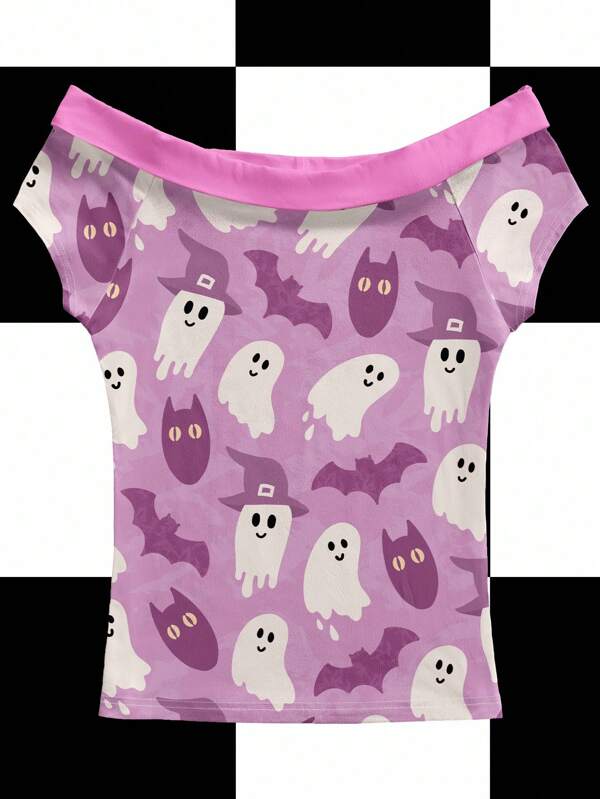 Maryam Alam Y2K Style Women's Off-Shoulder T-Shirt, Pink, Creative Graffiti Cartoon Ghost, Bat Print For Halloween, Sweet & Spicy Halloween Shirt Ghost Shirt Cat Shirt Kawaii Shirt Cute Shirt Cute Halloween Shirt Bat Shirt Kawaii Halloween Shirt