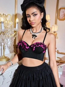 FairyFlirt Black & Pink 1/2 Cup Molded Push-Up Bra With Ruffle Trim & Contrast Color, Women's Lingerie Bra For Music Festivals, Y2K, Vacation, Party, , Flirt, Cute, Kawaii, Babydoll