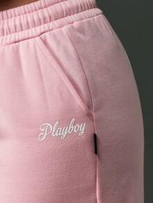 Missguided x Playboy 阔腿运动裤高腰抽绳家居服街头时尚羊毛绒冬秋季舒适休闲裤带标志设计 - 粉色 - 查看 4