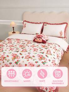 Strawberry Shortcake X SHEIN Juego de ropa de cama con volantes y estampado de fresa, apto para cama individual/doble/queen/king, dormitorio/hogar, ideas de regalo (3 piezas)