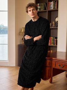 EverLounge 男士柔软纯色双口袋长袖睡袍，秋冬季休闲款，男士蓬松睡袍，舒适保暖 - 黑色 - 查看 4