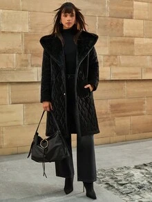 CLARA VERO Culoare uni, Culoare blană artificială, Glugă din blană artificială, Lungime medie, Palton de iarnă - Negru - Vizualizare 3