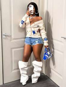 BamGleam Women's Cardigan Sweater, V-Neck Button Contrast Color Long Sleeve, Apricot Cartoon Face Letter Jacquard Pattern, Street Style Casual Loose Knit Outerwear