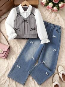 Sparklyn Girls' Outfit Set: Patterned Knit Vest, Bow Accent, Simple Shirt, Stylish Jeans, Fashionable & Sweet Style, Suitable For Spring, Autumn & Winter Occasions Like Outings, Parties Fall - Grey - View 3