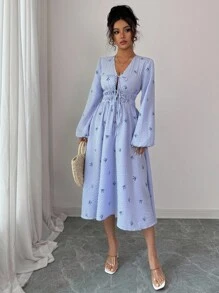 INAWLY Robe mi-longue élégante et décontractée pour femmes, avec nœud, col en V et manches lanternes. Rayures. Convient pour les voyages et les vacances, automne/hiver - Bleu azur - Voir 3