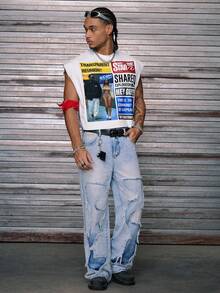 AXEPEAK 男士休闲时尚街头个性标语印花宽松针织背心，夏季 - 白色 - 查看 6