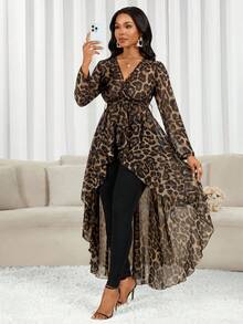 SHEIN Lady 女式豹纹V领前短后长袖衬衫 - 彩色 - 查看 9