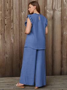 Linhara 2 piezas Conjunto de talla grande- Top sin mangas de unicolor y pantalones - Azul - Ver 2