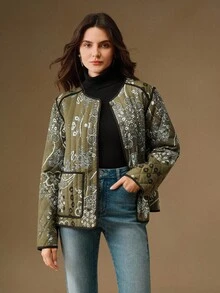 Anewsta 女士优雅腰果花印花绗缝长袖圆领棉服外套，冬季 - 軍綠色 - 查看 5