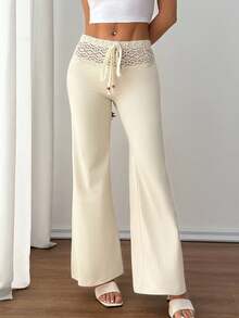 SHEIN PETITE 女式白色针织腰带配串珠抽绳直筒宽松休闲度假裤 - 杏色 - 查看 6
