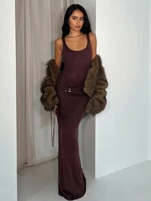 Glamine Elegant Winter Chocolate Brown Metal Accessories Fake Belt Design Sexy Charm Ladies Autumn And Winter Retro Fashion Christmas Party Dress Brown Bodycon Dress Long Brown Dress Brown Knit Dress Brown Midi Dress Brown Tank Dress - Chocolate Brown - View 3