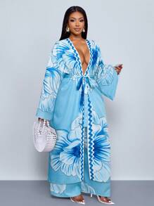 SOLERSUN 热带印花比基尼套装（含和服）夏季沙滩套装+随机印花图案比基尼两件套，女士两件套，适合海滩度假、约会、旅行大码女装 - 藏蓝色 - 查看 4