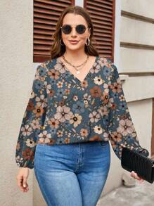 EMERY ROSE 大码女式休闲复古花卉印花 V 领灯笼袖宽松衬衫，适合秋冬季 - 藍色 - 查看 4