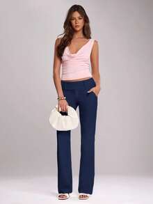 SHEIN BAE Spring Women's White Mid-Rise Flare Pants, Suitable For Music Festivals, Parties, Daily Outings, Celebrations, Street Activities, Festival Outfits, Summer Clothes, Rave Outfits,Fall - Navy Blue - View 5