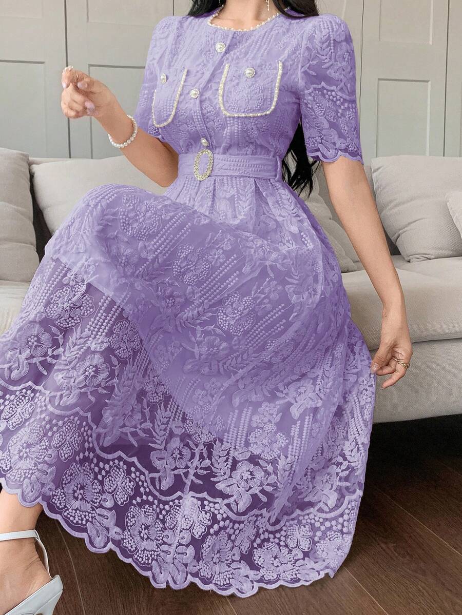 DAZY 优雅高档蕾丝连衣裙，系带腰身，修身刺绣连衣裙，柔美韩风优雅清爽连衣裙，夏季女装 - 紫色 - 查看 1