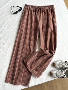 SHEIN Comfortcana Linen Textured Striped Drawstring Waist Comfortable Casual Plus Size Pants - Red - View 5