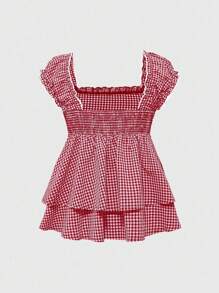 ROMWE Kawaii Áo sơ mi kẻ caro cổ vuông chữ A dễ thương cho thiếu nữ ngây thơ - Đỏ - Xem 2