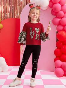 2pcs Girls Leopard Print Heart Valentine's Day Casual Outfit - Red - View 1