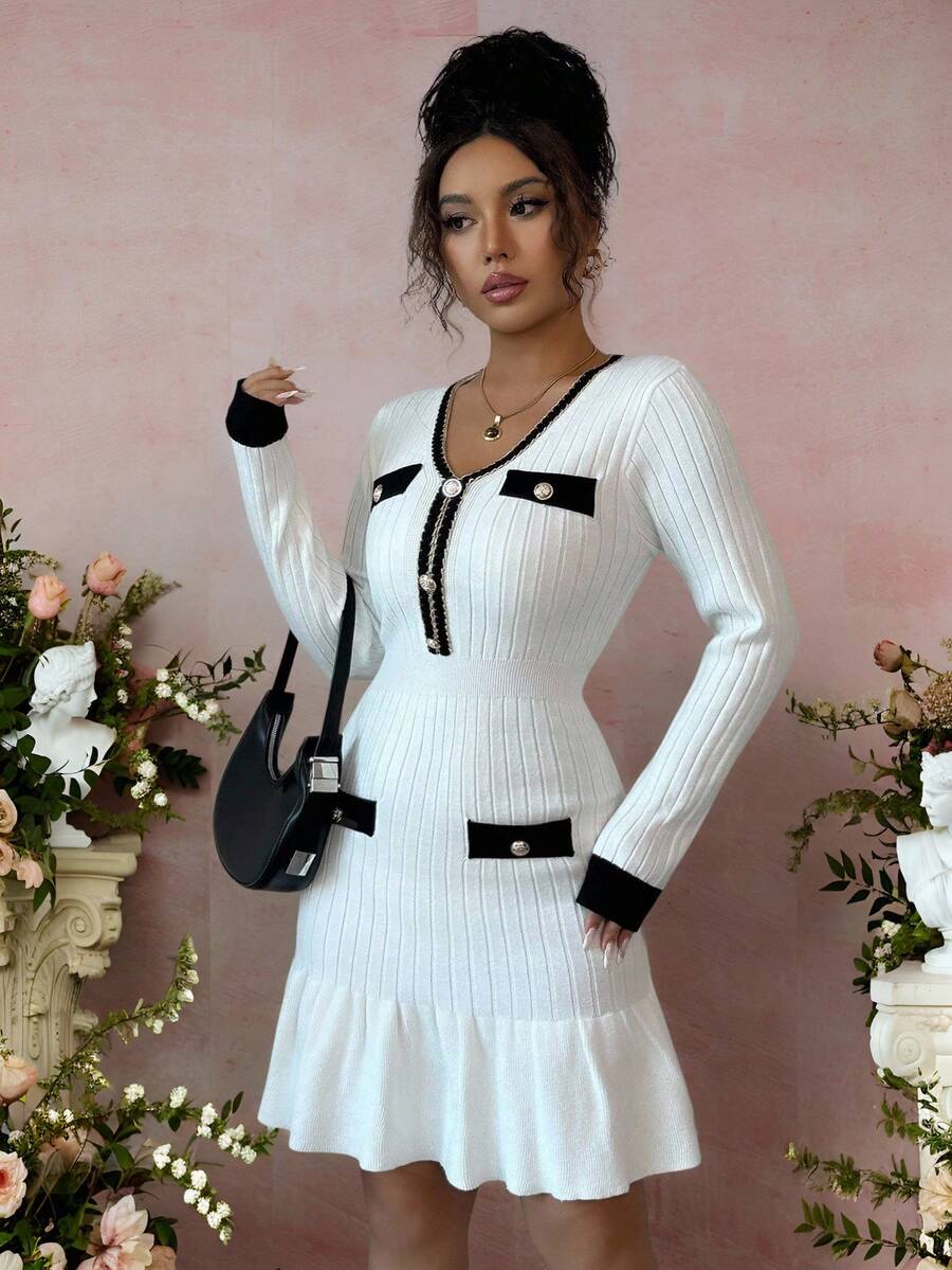 Franclia 全新复古法式拼色V领长袖针织修身中长连衣裙