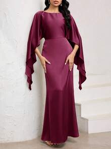 Veilorie 女士优雅摩卡棕色圆领斗篷袖鱼尾下摆缎面长裙 - 藕粉色 - 查看 7