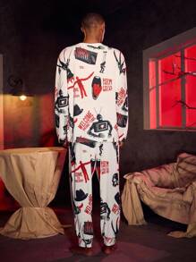 A Nightmare on Elm Street X SHEIN Men's Autumn Skeleton & Letter Print Long Sleeve Top And Pants Loungewear Set - Multicolor - View 2