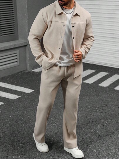 Manfinity CasualCool 男士纯色单排扣夹克和裤子休闲西装休闲两件套男士套装米色男士两件套杏色男士套装，秋季服装冬季舒适服装