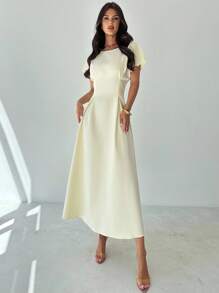 Firerie 夏季女装新款简约优雅通勤度假复古毕业日常百搭杏黄竹纹面料圆领短袖收腰褶皱X型修身连衣裙 - 淡黃色 - 查看 7