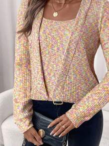 SHEIN Clasi Women's Elegant Pink Waffle Knit Crew Neck Sweatshirt In Fall/Winter - Multicolor - View 7