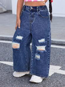 SHEIN 年轻女孩 Y2K 休闲蓝色破洞宽松牛仔裤，女童春夏休闲度假流浪汉牛仔裤 - 深色水洗藍 - 查看 5