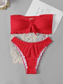 Swim Mod Women's Solid Color Ruffle Twist Bandeau Bikini Set For Summer Beach Vacation - Red - View 2