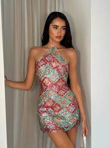 Glamine Women's Sexy Halter Neck Sequin Geometric Print Summer Bodycon Dress Sequin Mini Dress Multicolor Sequin Dress Bodycon Mini Dress Halter Neck Dress Party Dress Wedding Guest Dress Women Halter Neck Mini Dress Halter Mini Dress