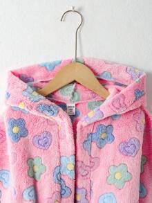 SHEIN 少女花卉印花长袖连帽睡袍家居服 - 淺粉色 - 查看 3