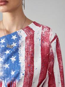 ROMWE Avant Women's Y2K Retro Sports Style Jersey Girl American Flag Print Cropped Oblique Shoulder Sweatshirt - Multicolor - View 4