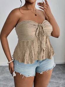 SHEIN PETITE CURVE 大码女式夏季休闲通勤度假风格纯色蕾丝拼布前系带紧身胸衣娃娃装抹胸上衣 - 摩卡棕 - 查看 4