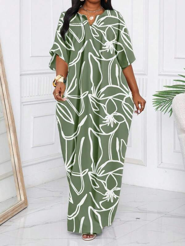 SHEIN Lady  Spring And Summer Autumn And Winter Elegant Navy Blue Woven Notched Kaftan Dress Plus Size Dresses