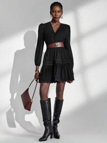 Almamuse-D Black Textured V-Neck Ruffle Trim Casual Dress For Women, Spring/Autumn Fall Cloth For Women - Black - View 3