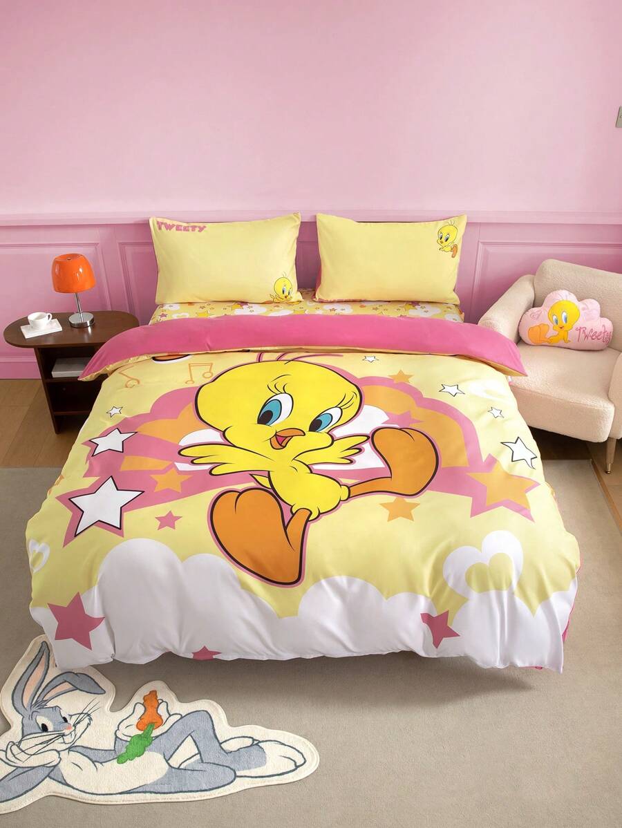 LOONEY TUNES X SHEIN 卡通字母圖案床上用品套裝 - 黃色 - 查看 1