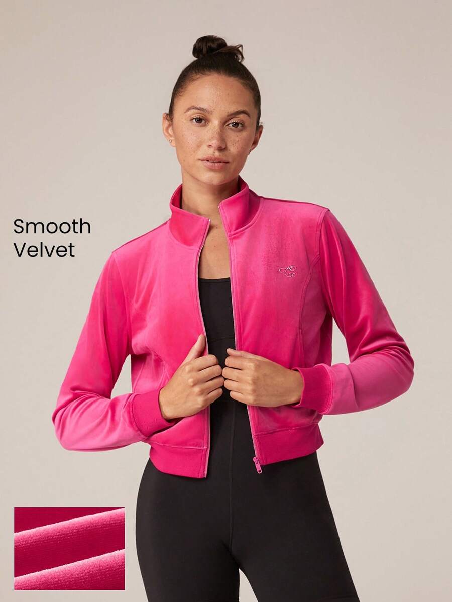 GLOWMODE Thin Velvet Cropped Bomber Sweatshirt With Rhinestone Logo Daily Casual - Tropical Pink - View 1