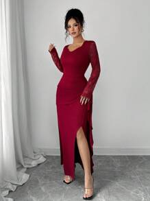 Modelyn 女式纯色撞色蕾丝长袖褶皱腰开衩连衣裙 - 酒紅色 - 查看 6