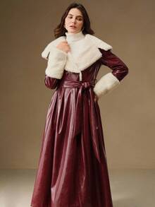 Anewsta Elegant High-Waisted Faux Fur Long Coat, Suitable For Autumn, Fall, Winter, Going Out, Elegant, Formal, Party, Chic, New Year, Christmas, Graduation, Wedding, Burgundy