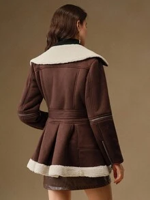 Anewsta 女士宽松绒面混纺翻领系带短款夹克，适合秋季、冬季、外出、优雅、正式、派对、别致、新年、女士冬季外套、圣诞节、工作、毕业 - 棕色 - 查看 4