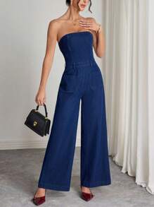 Elenzga 女式露肩口袋设计阔腿时尚牛仔连体裤 - 藍色 - 查看 1
