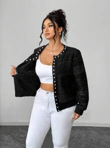 Elenzga Colección Kooky Elegance (Vibes de Woe Is Me)(Estética del miércoles) Elegante suéter de cárdigan vintage de manga larga y corto con cuentas para mujeres de talla grande, casual y de negocios, para otoño/invierno