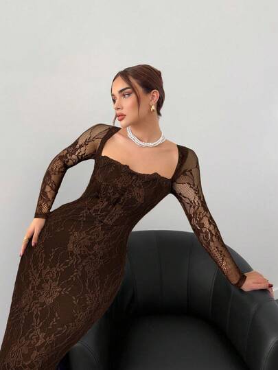 Aloruh Women's Autumn/Winter New Sexy S-Shaped Lace Long Sleeve Bustier Corset Square Neck Bodycon Maxi Dress For Party, Date Night, Evening