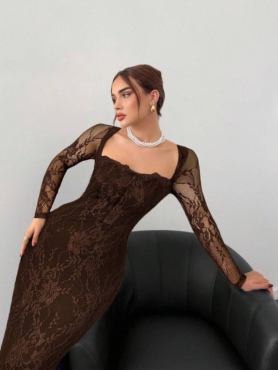 Aloruh Đầm Maxi Ôm Body Cổ Vuông Ren Tay Dài Hình Chữ S Gợi Cảm Cho Nữ Thu/Đông Mới Cho Dự Tiệc, Đêm Hẹn Hò, Buổi Tối - màu nâu - Xem 1