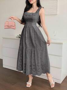 DAZY 法式蕾丝刺绣白色收腰连衣裙，度假仙女风长裙 - 灰色 - 查看 2