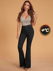 SHEIN Frenchy Quần jeans ống loe dáng ôm, màu trơn, đơn giản, thu/đông - màu đen - Xem 3