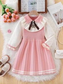 SHEIN 小女孩粉色和白色厚针织毛衣裙，公主风A字裙，适合居家、外出和聚会，秋冬 - 粉色 - 查看 1